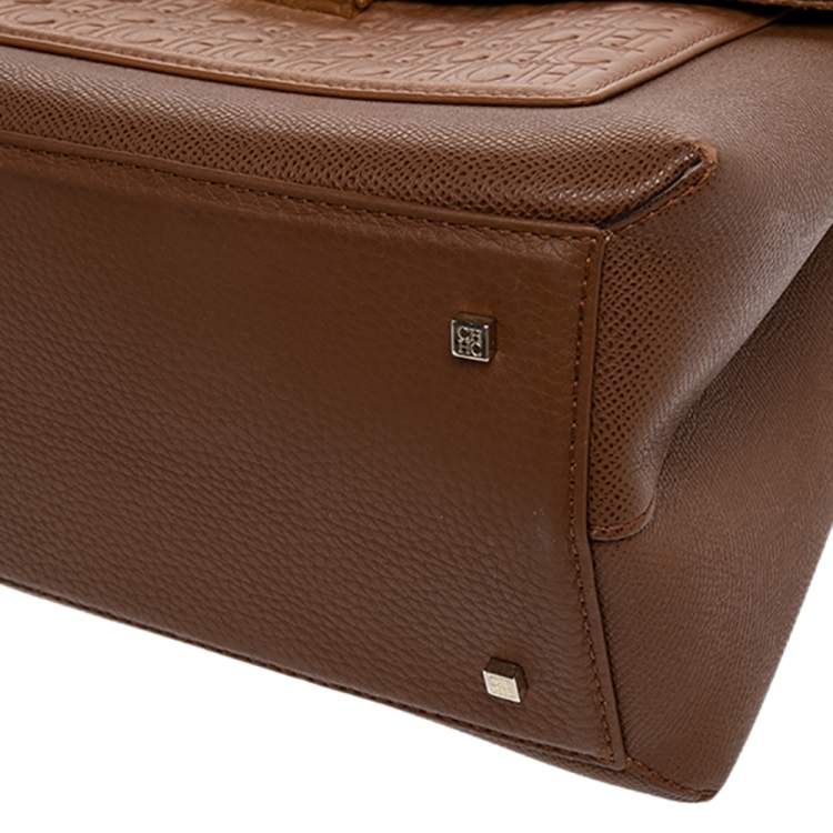 Pre Owned CH Carolina Herrera Brown Monogram Leather Top Handle Bag