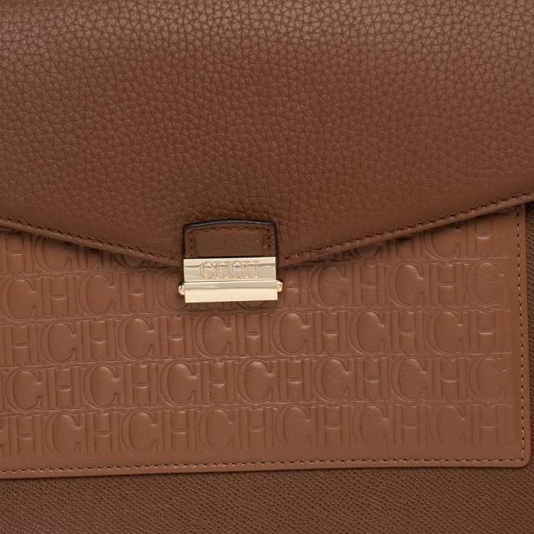 Pre Owned CH Carolina Herrera Brown Monogram Leather Top Handle Bag