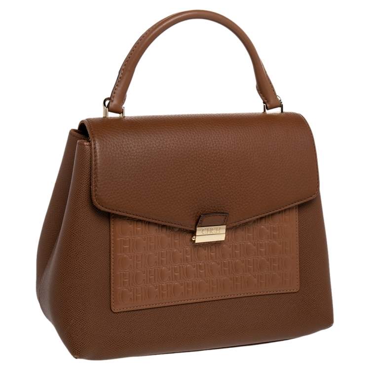 Pre Owned CH Carolina Herrera Brown Monogram Leather Top Handle Bag