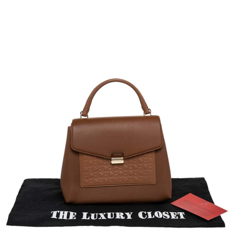 Pre Owned CH Carolina Herrera Brown Monogram Leather Top Handle Bag