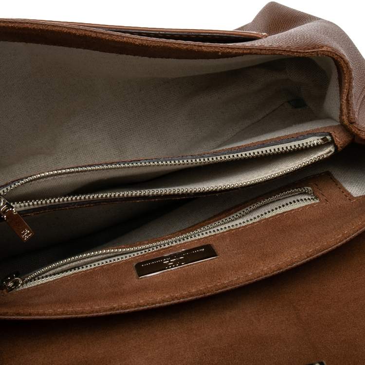 Pre Owned CH Carolina Herrera Brown Monogram Leather Top Handle Bag