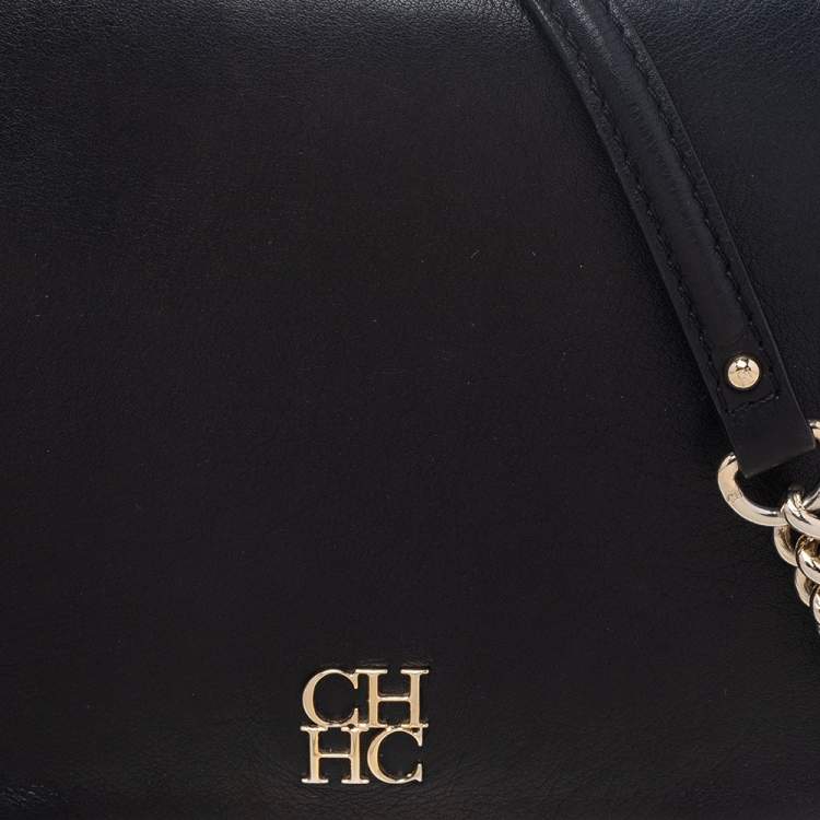 Pre Owned CH Carolina Herrera Black Leather Flap Shoulder Bag