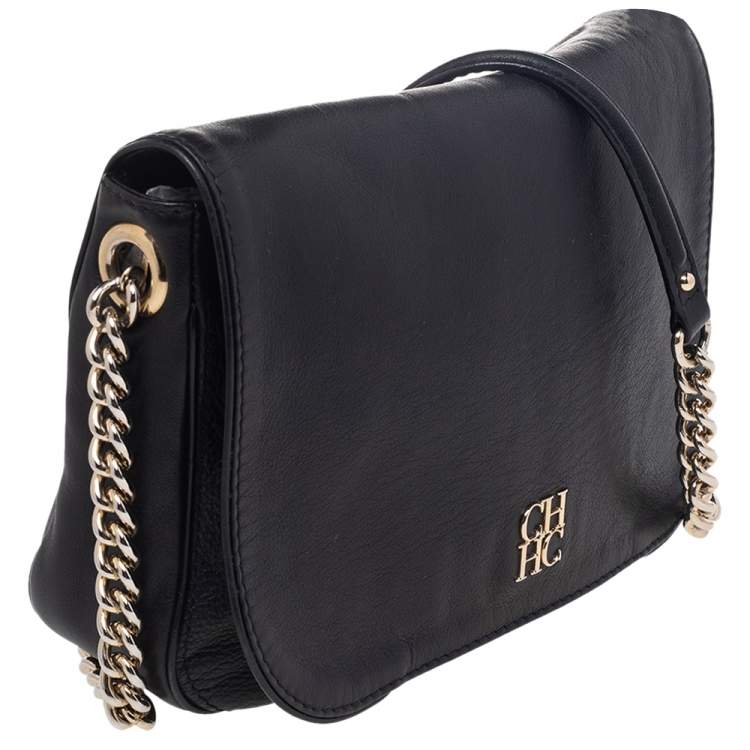 Pre Owned CH Carolina Herrera Black Leather Flap Shoulder Bag