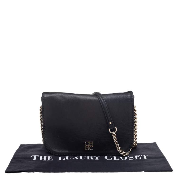 Pre Owned CH Carolina Herrera Black Leather Flap Shoulder Bag