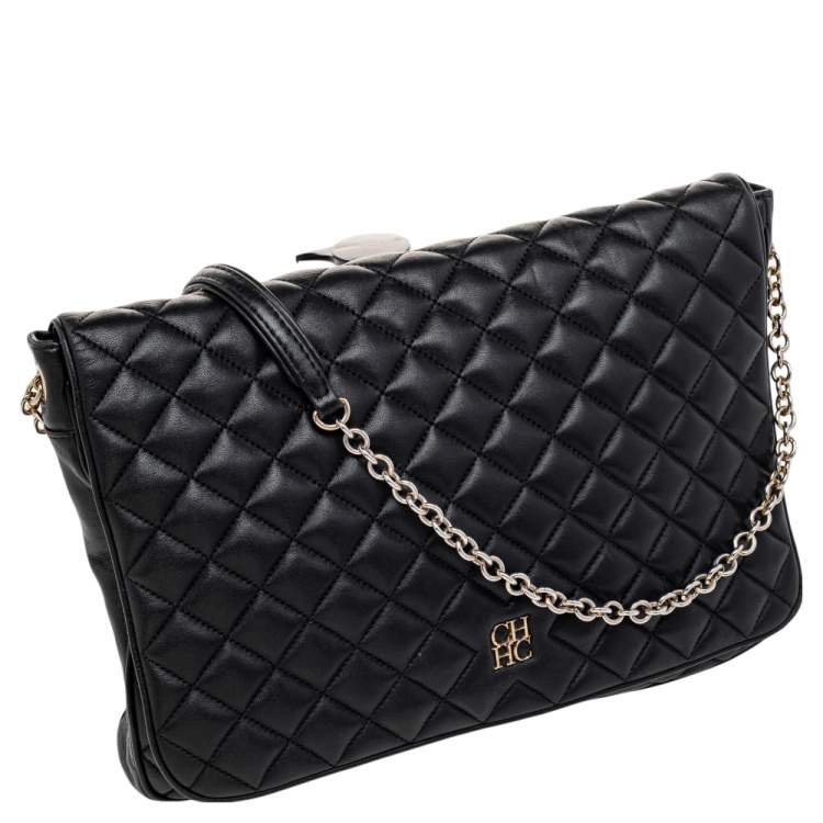 Pre Owned CH Carolina Herrera Black Quilted Leather Flap Chain Shoulder Bag