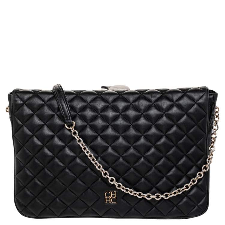 Pre Owned CH Carolina Herrera Black Quilted Leather Flap Chain Shoulder Bag