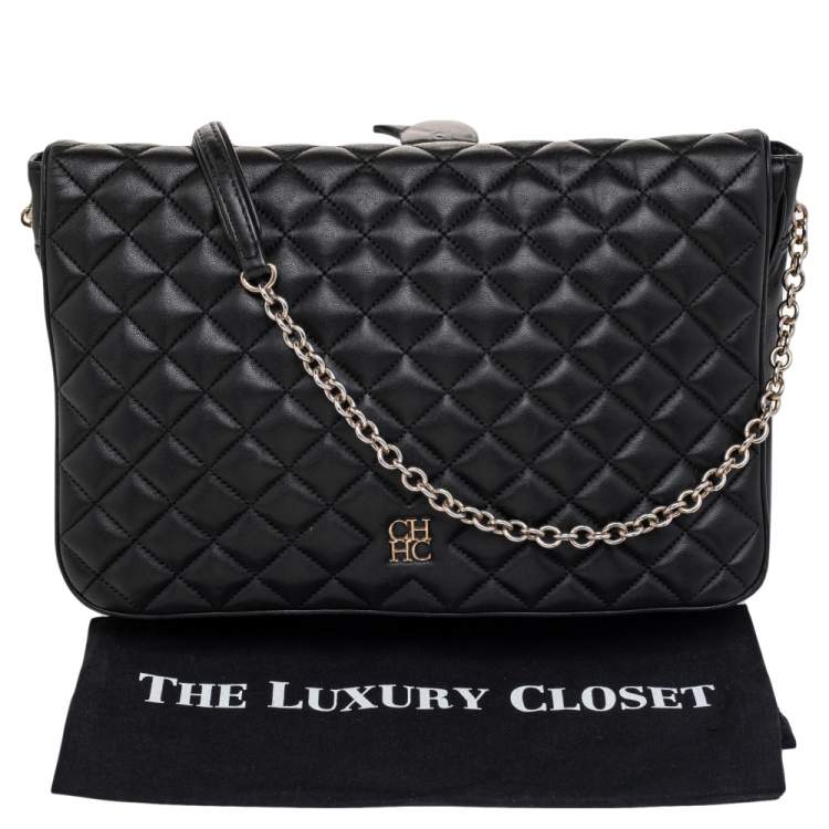 Pre Owned CH Carolina Herrera Black Quilted Leather Flap Chain Shoulder Bag