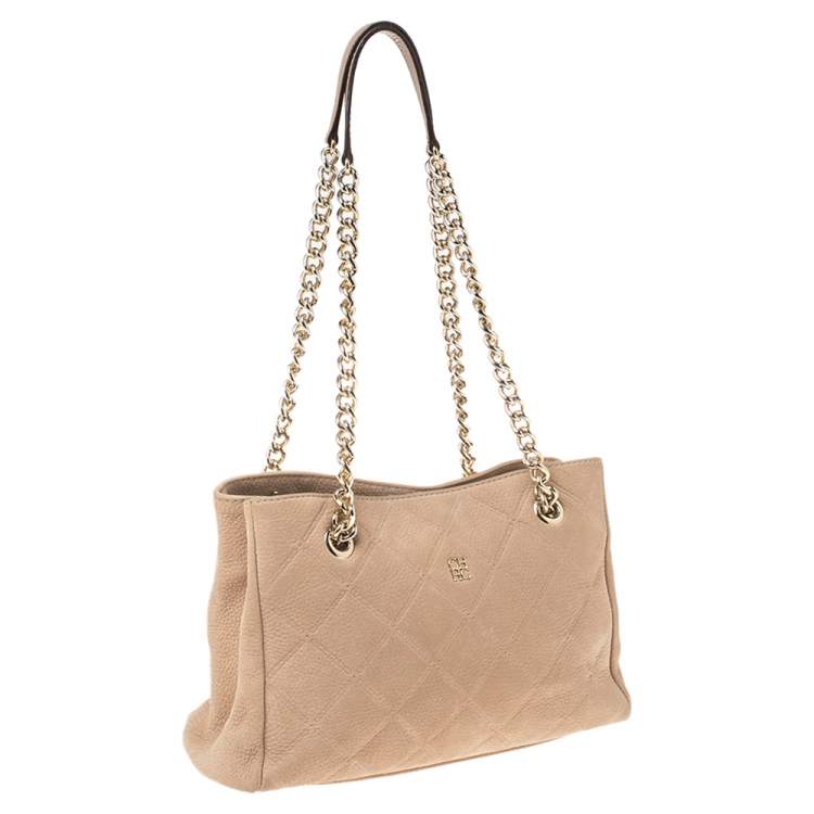 Pre Owned Carolina Herrera Beige Quilted Nubuck Leather Chain Shopper Tote