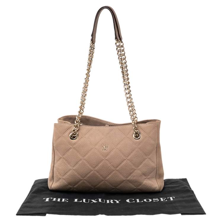 Pre Owned Carolina Herrera Beige Quilted Nubuck Leather Chain Shopper Tote