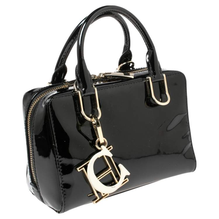 Pre Owned Carolina Herrera Black Patent Leather Micro Logo Charm Satchel