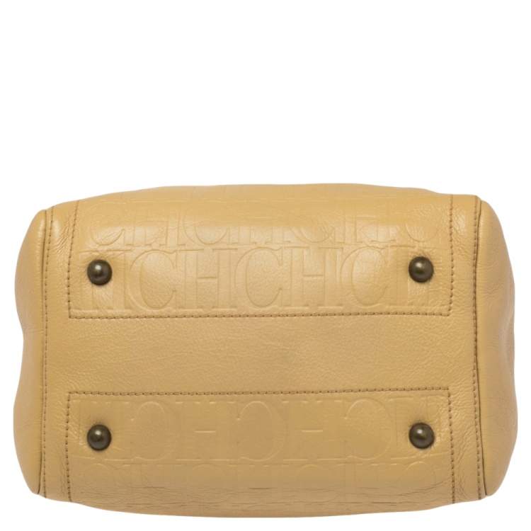 Pre Owned CH Carolina Herrera Beige Embossed Leather Andy Boston Bag