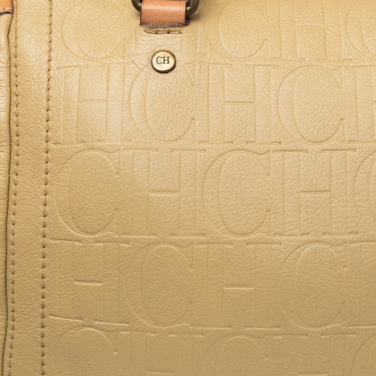 Pre Owned CH Carolina Herrera Beige Embossed Leather Andy Boston Bag