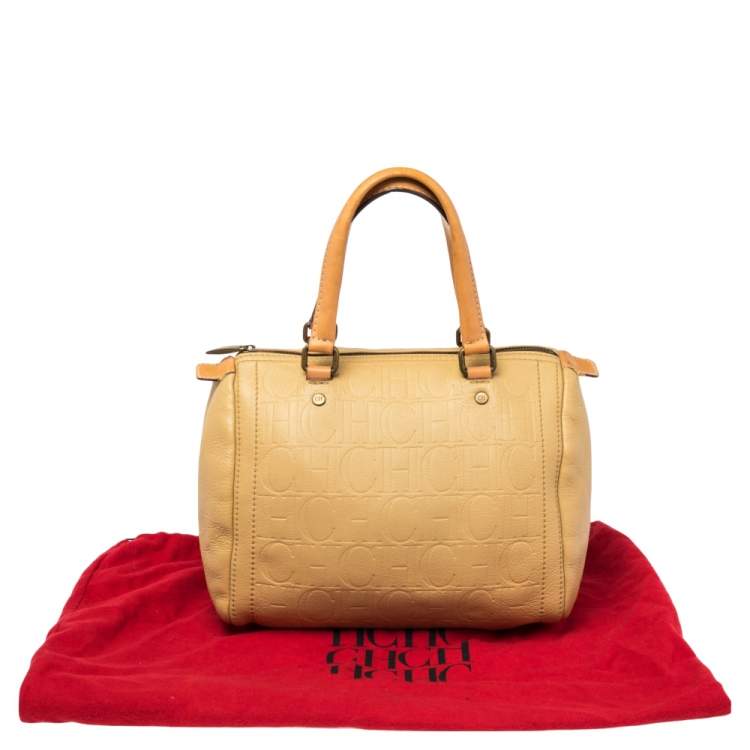 Pre Owned CH Carolina Herrera Beige Embossed Leather Andy Boston Bag