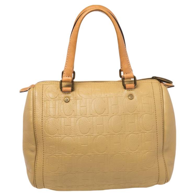 Pre Owned CH Carolina Herrera Beige Embossed Leather Andy Boston Bag