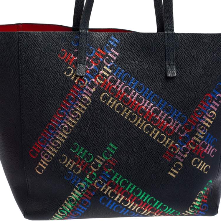 Pre Owned Carolina Herrera Multicolor Logo Print Leather Open Tote