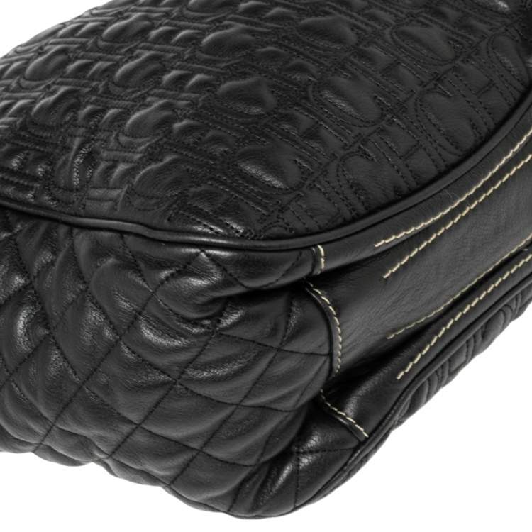 Pre Owned CH Carolina Herrera Black Embossed Leather Tote