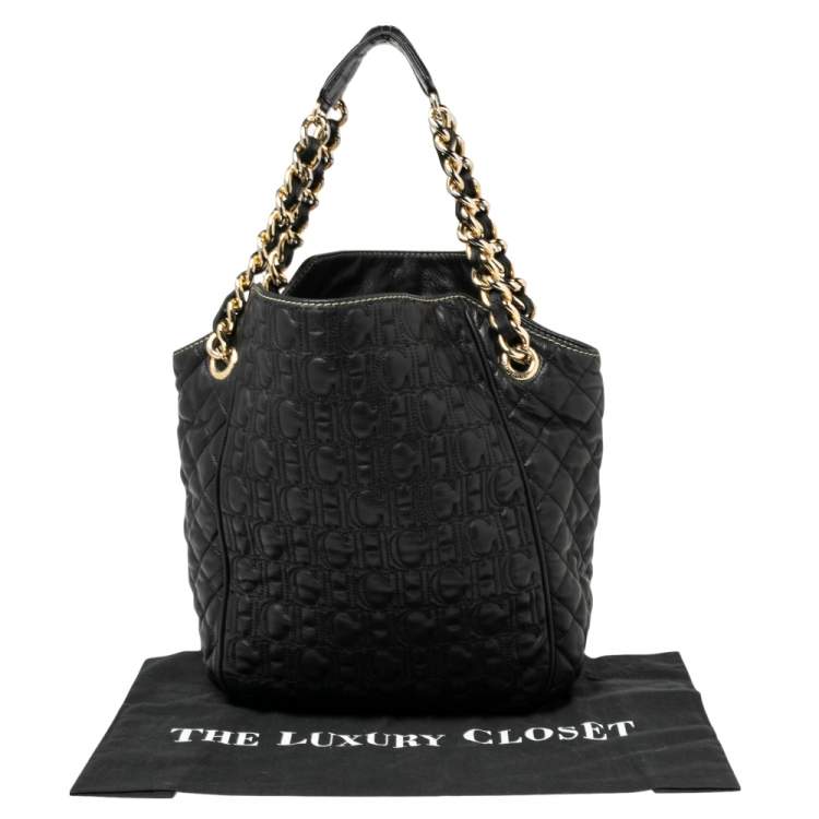 Pre Owned CH Carolina Herrera Black Embossed Leather Tote
