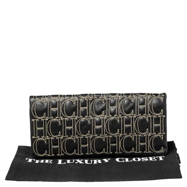 Pre Owned CH Carolina Herrera Black Monogram Leather Clutch