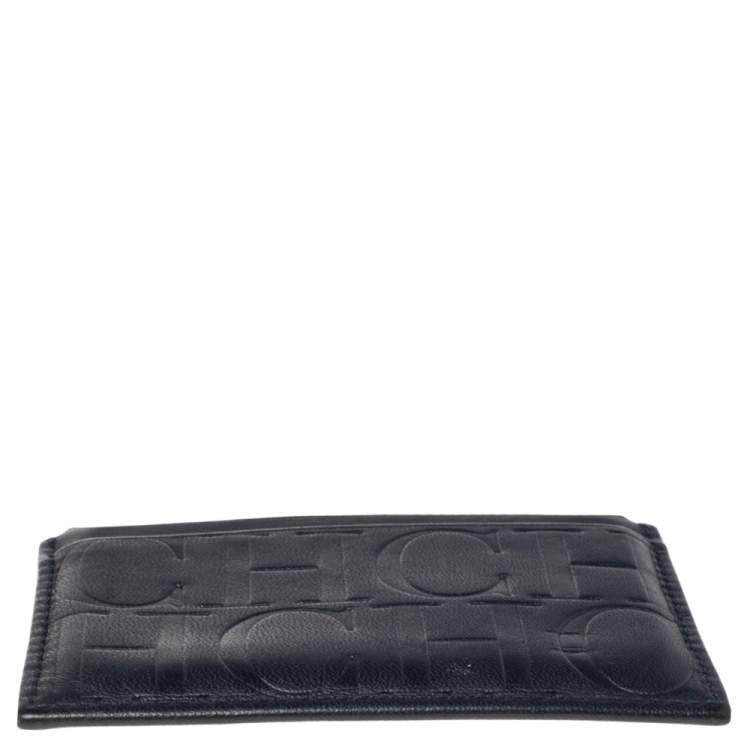 Pre Owned CH Carolina Herrera Navy Blue Monogram Leather Card Holder 
