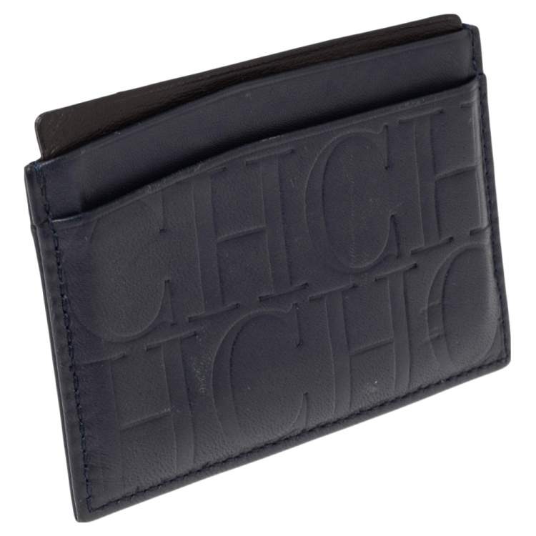 Pre Owned CH Carolina Herrera Navy Blue Monogram Leather Card Holder 