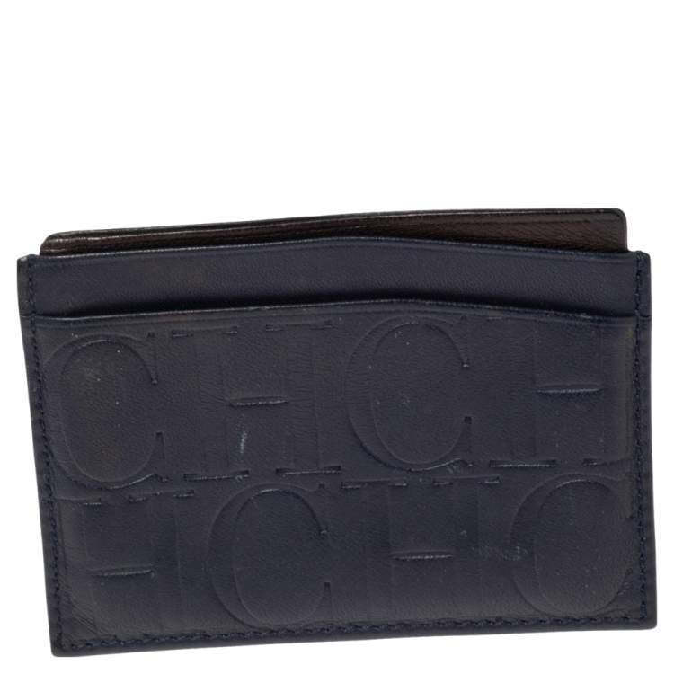 Pre Owned CH Carolina Herrera Navy Blue Monogram Leather Card Holder 