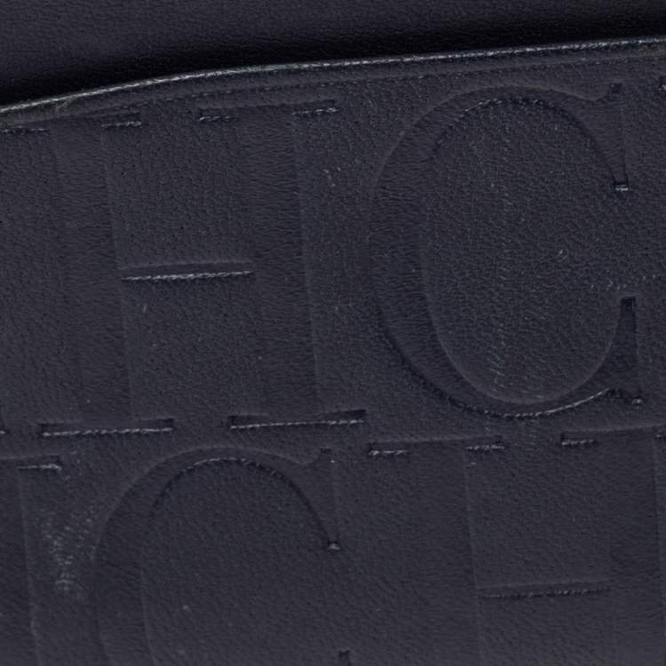 Pre Owned CH Carolina Herrera Navy Blue Monogram Leather Card Holder 