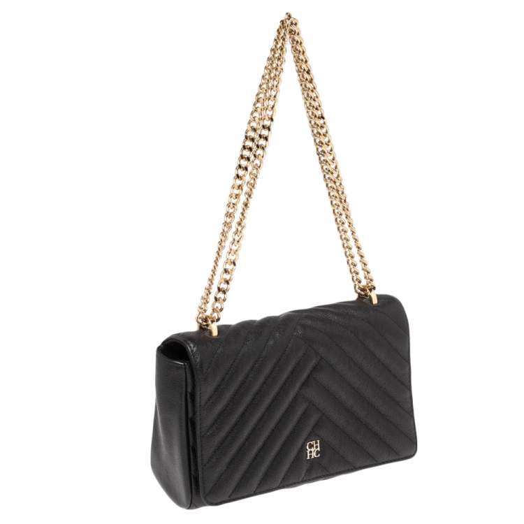Pre Owned CH Carolina Herrera Black Quilted Leather Flap Chain Shoulder Bag