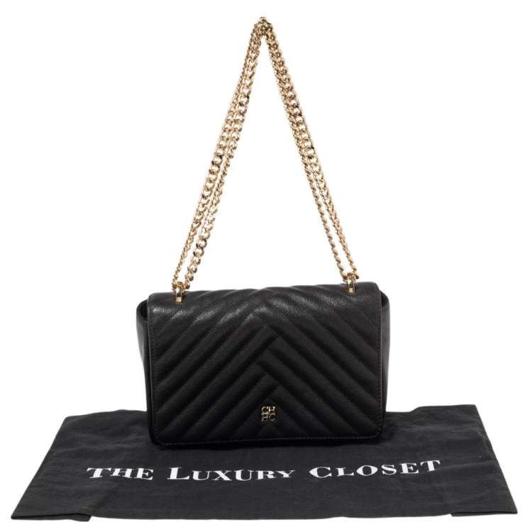 Pre Owned CH Carolina Herrera Black Quilted Leather Flap Chain Shoulder Bag