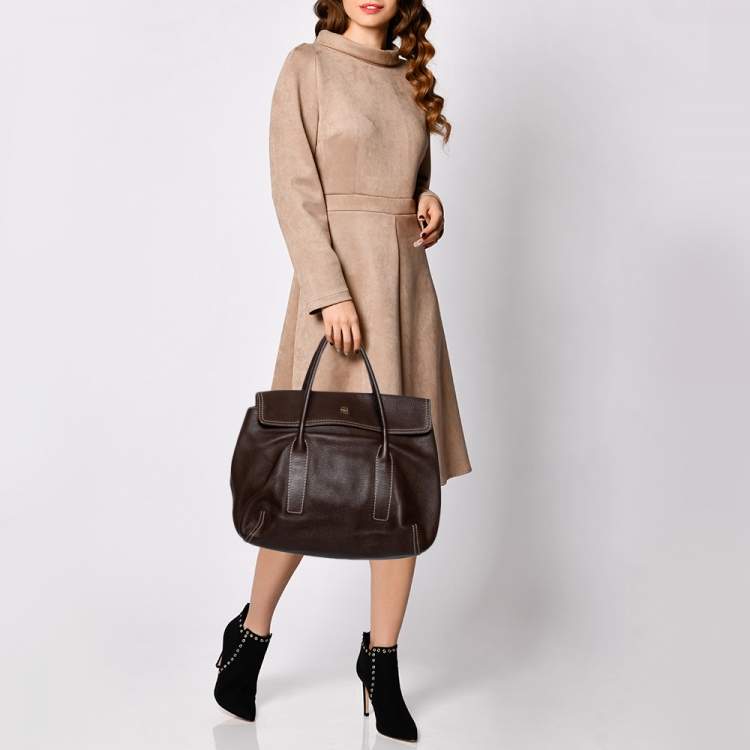 Pre Owned CH Carolina Herrera Brown Pebbled Leather Flap Satchel