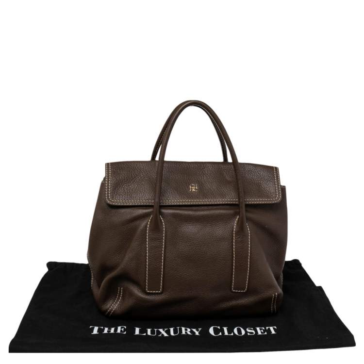 Pre Owned CH Carolina Herrera Brown Pebbled Leather Flap Satchel