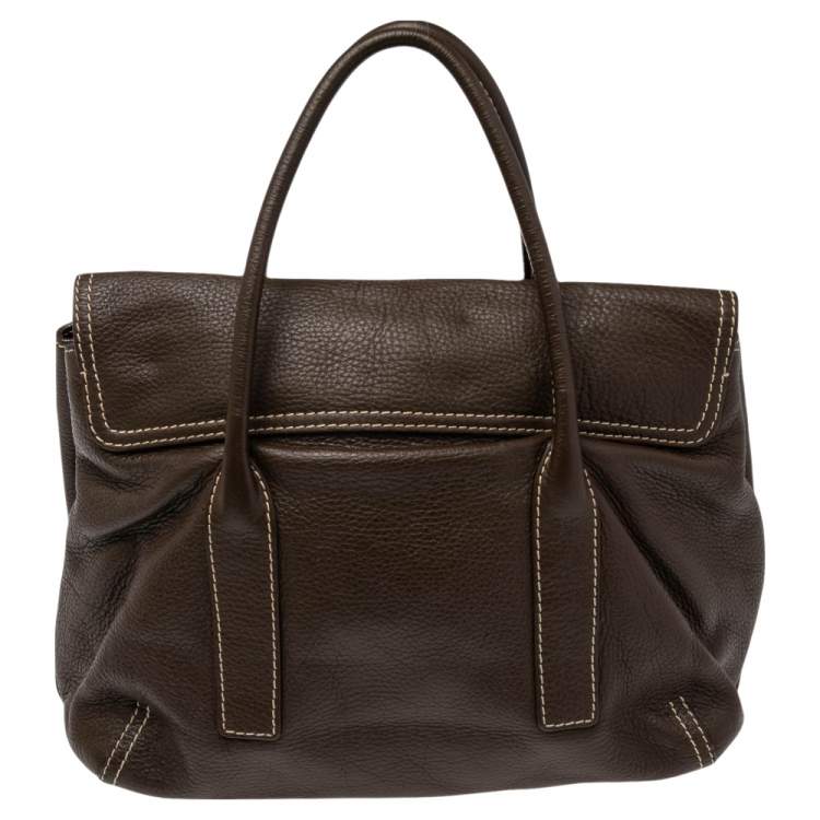 Pre Owned CH Carolina Herrera Brown Pebbled Leather Flap Satchel