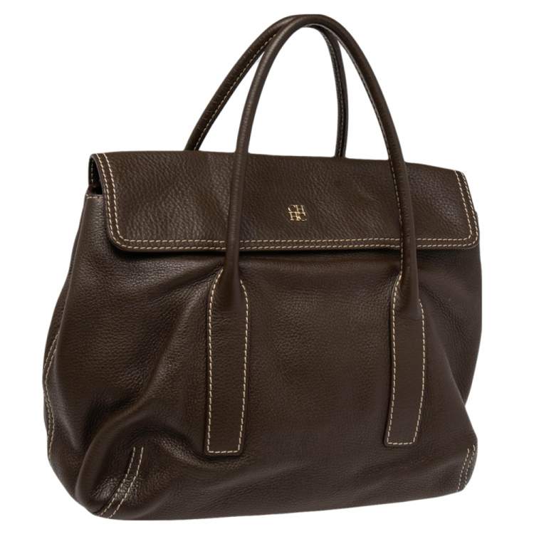 Pre Owned CH Carolina Herrera Brown Pebbled Leather Flap Satchel
