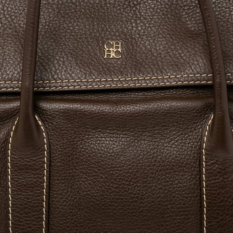 Pre Owned CH Carolina Herrera Brown Pebbled Leather Flap Satchel