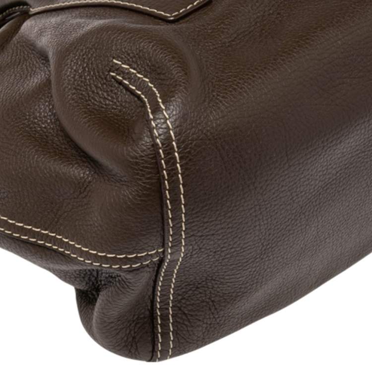 Pre Owned CH Carolina Herrera Brown Pebbled Leather Flap Satchel