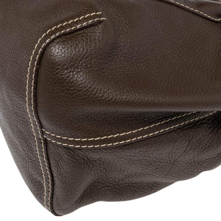 Pre Owned CH Carolina Herrera Brown Pebbled Leather Flap Satchel