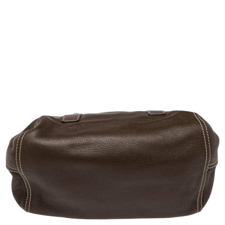 Pre Owned CH Carolina Herrera Brown Pebbled Leather Flap Satchel