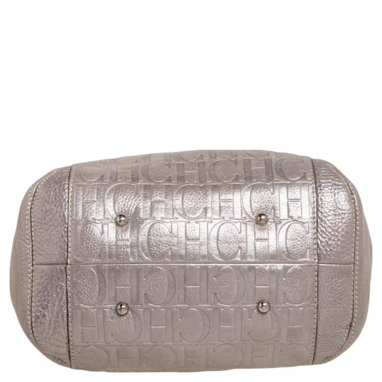Pre Owned CH Carolina Herrera Silver Embossed Leather Shoulder Bag
