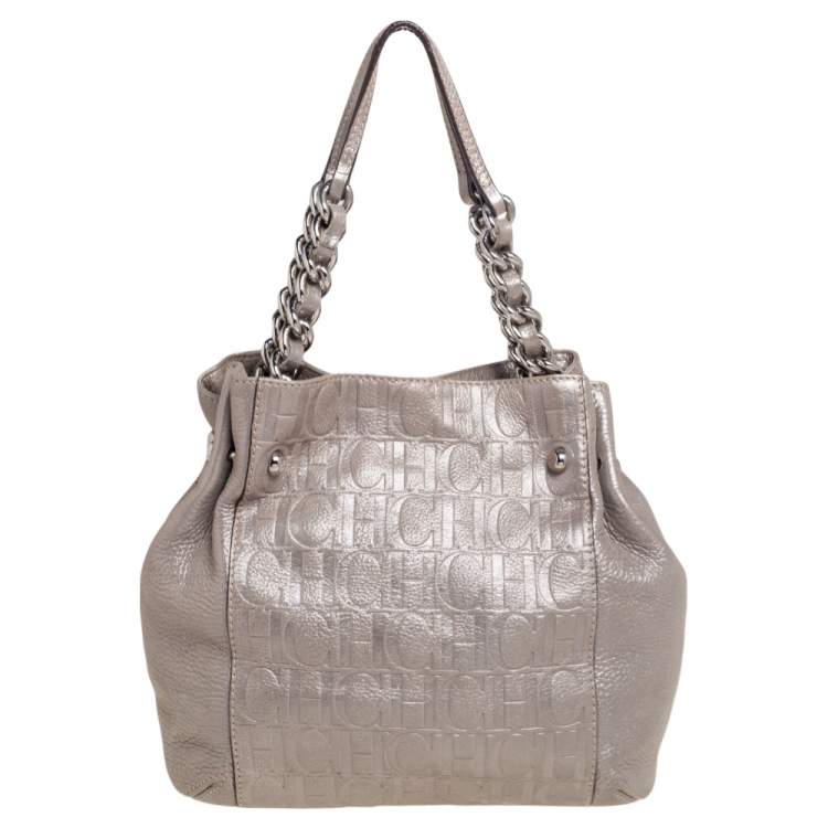 Pre Owned CH Carolina Herrera Silver Embossed Leather Shoulder Bag