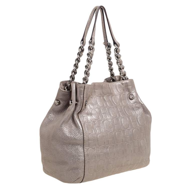 Pre Owned CH Carolina Herrera Silver Embossed Leather Shoulder Bag