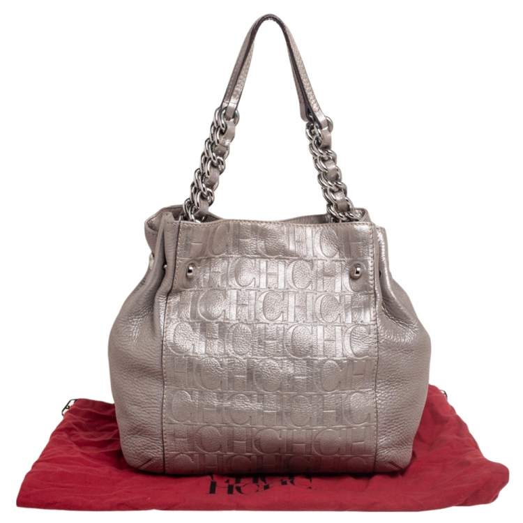 Pre Owned CH Carolina Herrera Silver Embossed Leather Shoulder Bag