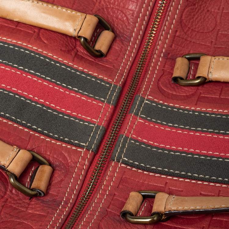 Pre Owned CH Carolina Herrera Red/Beige Embossed Leather Andy Boston Bag