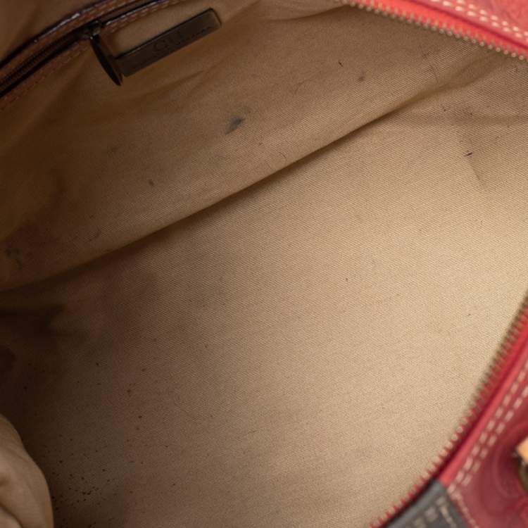 Pre Owned CH Carolina Herrera Red/Beige Embossed Leather Andy Boston Bag