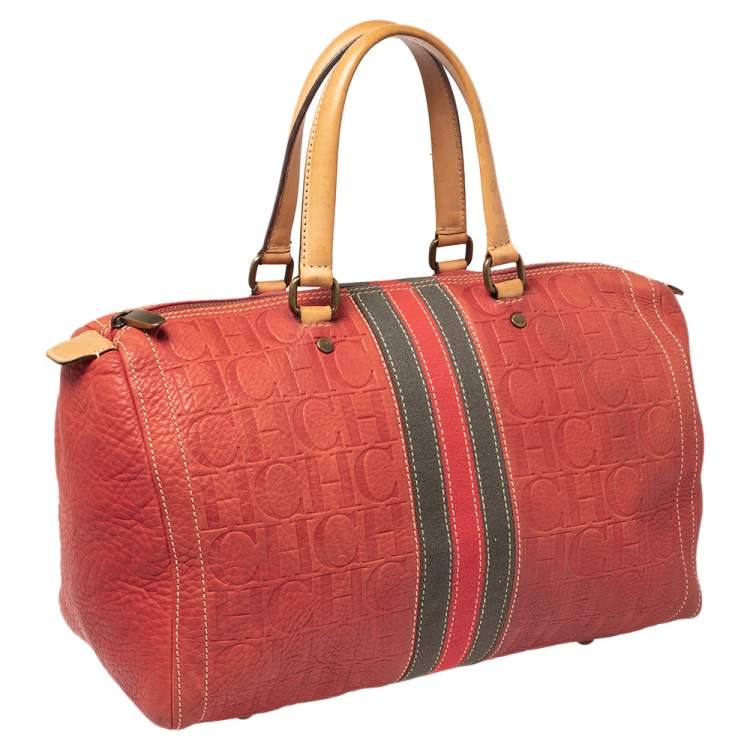 Pre Owned CH Carolina Herrera Red/Beige Embossed Leather Andy Boston Bag