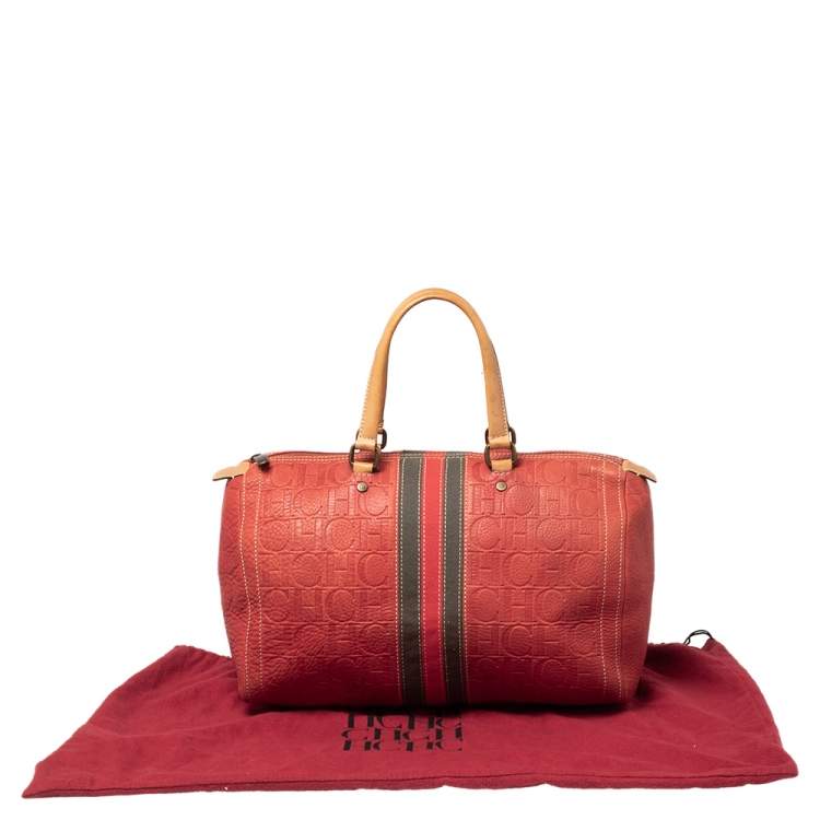 Pre Owned CH Carolina Herrera Red/Beige Embossed Leather Andy Boston Bag