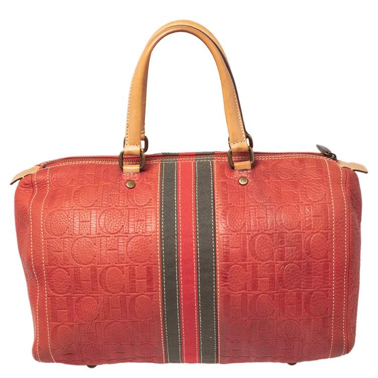 Pre Owned CH Carolina Herrera Red/Beige Embossed Leather Andy Boston Bag
