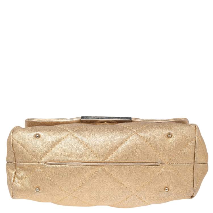 Pre Owned CH Carolina Herrera Metallic Gold Embossed Leather Metal Flap Shoulder Bag