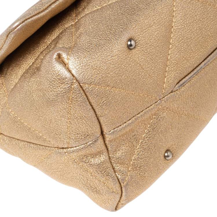 Pre Owned CH Carolina Herrera Metallic Gold Embossed Leather Metal Flap Shoulder Bag