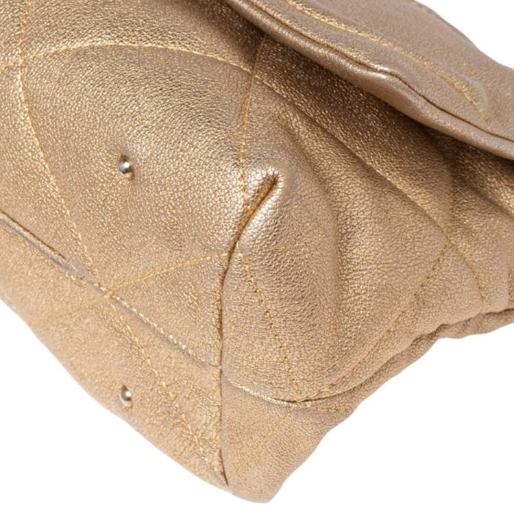 Pre Owned CH Carolina Herrera Metallic Gold Embossed Leather Metal Flap Shoulder Bag