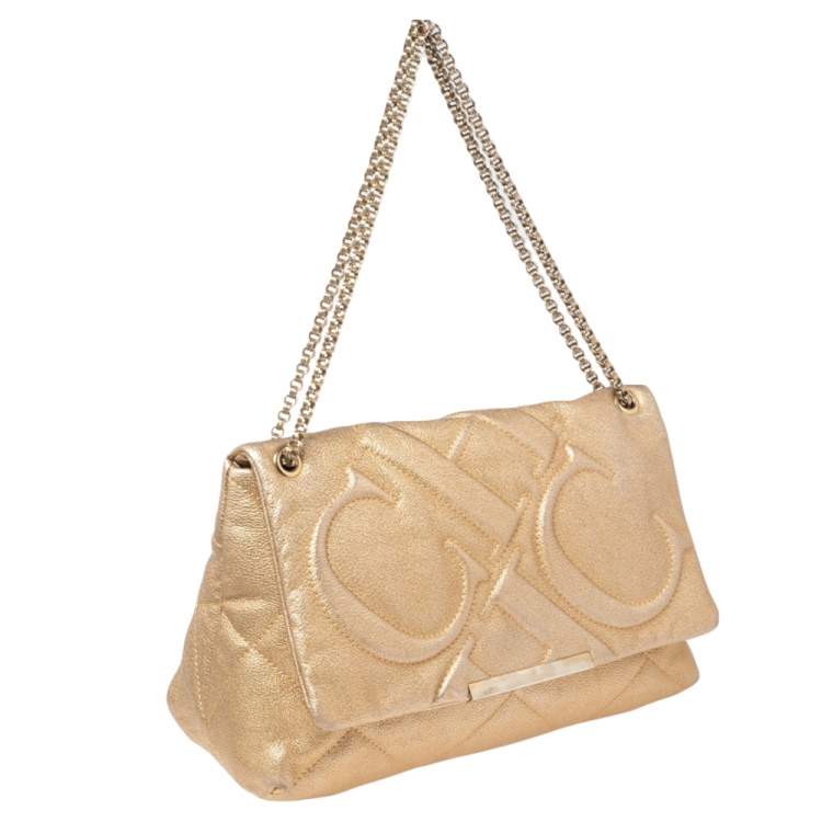 Pre Owned CH Carolina Herrera Metallic Gold Embossed Leather Metal Flap Shoulder Bag