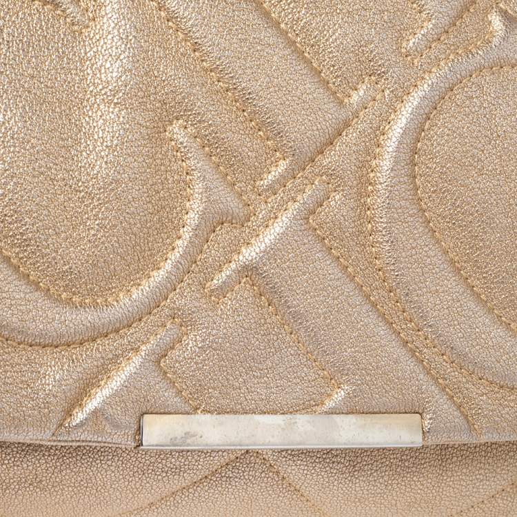 Pre Owned CH Carolina Herrera Metallic Gold Embossed Leather Metal Flap Shoulder Bag